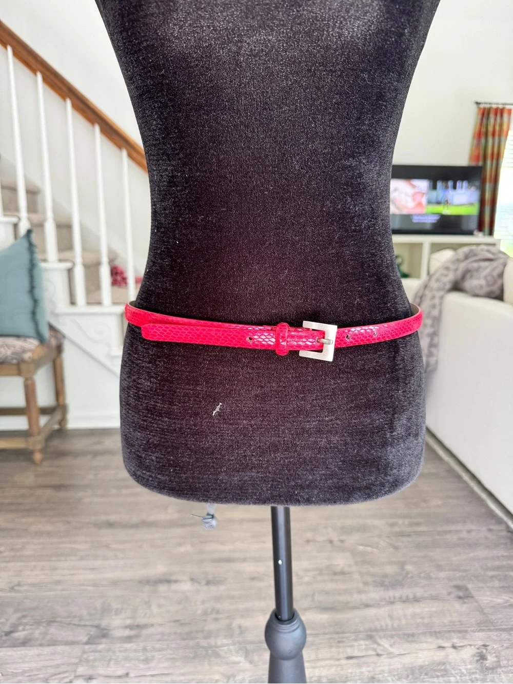 Slim Red Faux-Snakeskin Leather Waist Belt with Silver Buckle
